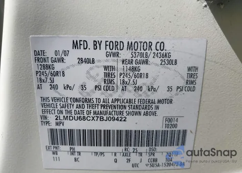 2007 Lincoln Mkx z USA, uszkodzony, nr VIN 2LMDU68CX7BJ09422